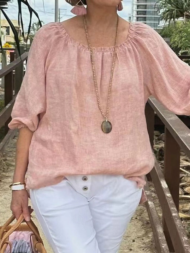 Women's Cotton Linen Shirts Blouse Patchwork Plain Elegant