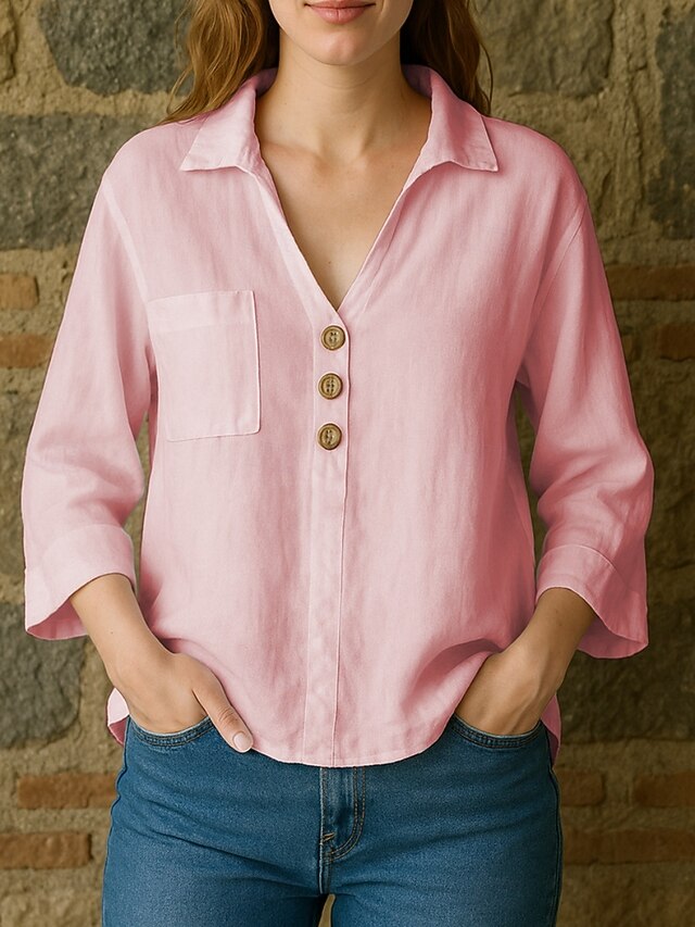 Women's Cotton Linen Shirts Pocket Buttons Plain Basic