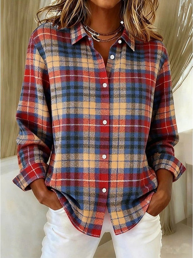 Women's Shirt Blouse Patchwork Buttons Print Plaid Casual