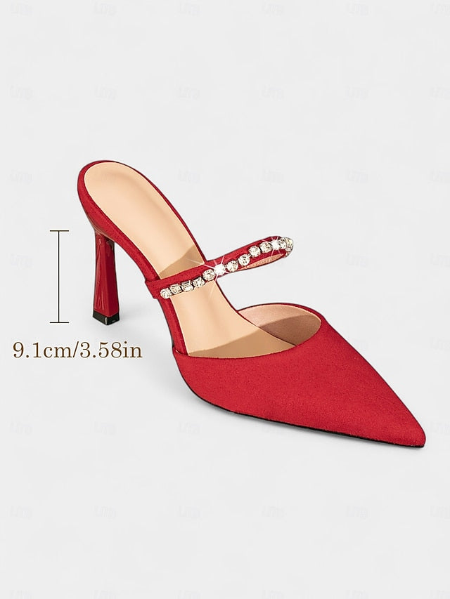 Strap Stiletto with Elegant Rhinestone Women's Heels - Red