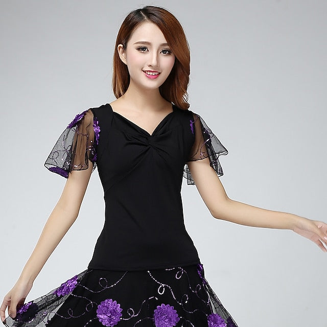 Latin Dance Ballroom Dance Top Embroidery Ruching Paillette