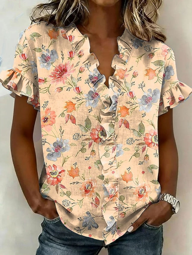 Women's Shirt Tunic Ruffle Floral Graphic Elegant Vintage