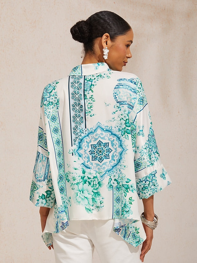 Celadon Bloom Story Silky Satin Dolman Sleeve Shirt
