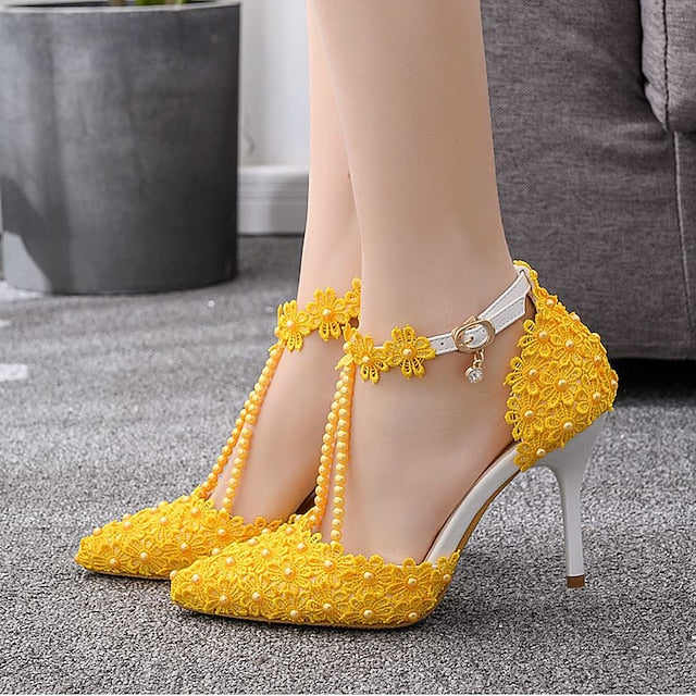 Shoes Heel Lace High Women's Bridal Pointed Wedding