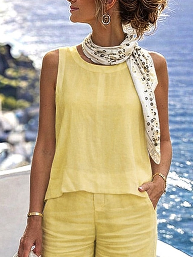 Women's Pants Sets Bolero Top Faux Cotton Linen Sleeveless