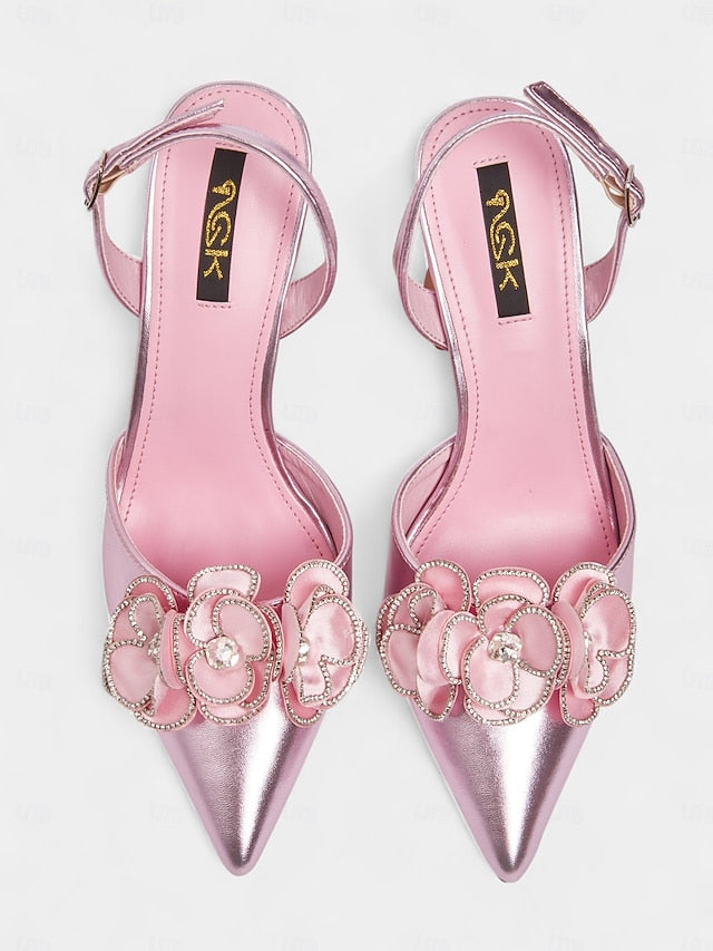 Satin Pointed with Women's Pink Heels Floral Toe