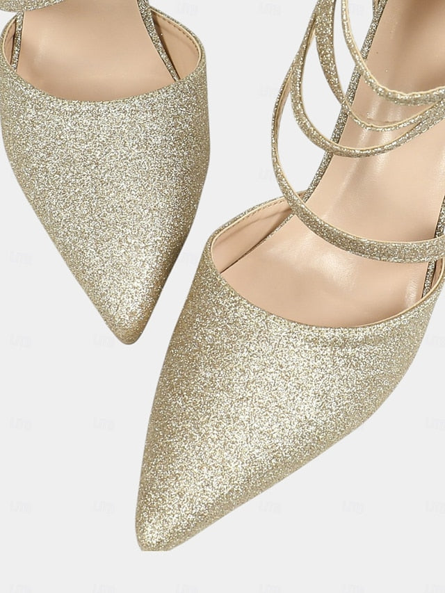 - Wrap Heels Pointed Women's High Glitter Toe Ankle Strappy