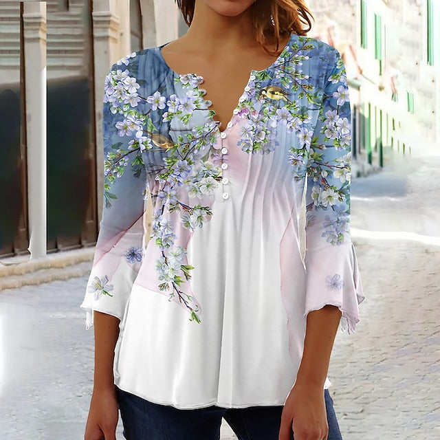 Women's T-Shirt V Neck Henley Floral Streetwear Casual 3/4