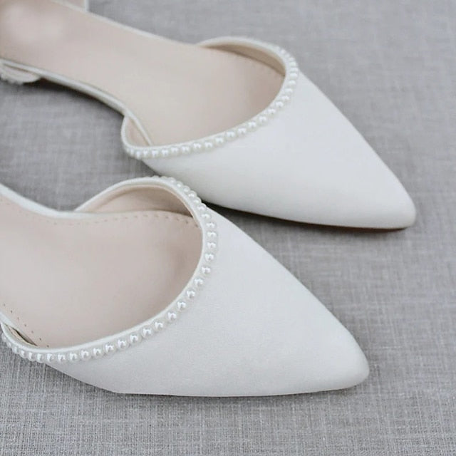 Flat Toe Pearl-Embellished Shoes with Women's Pointed White
