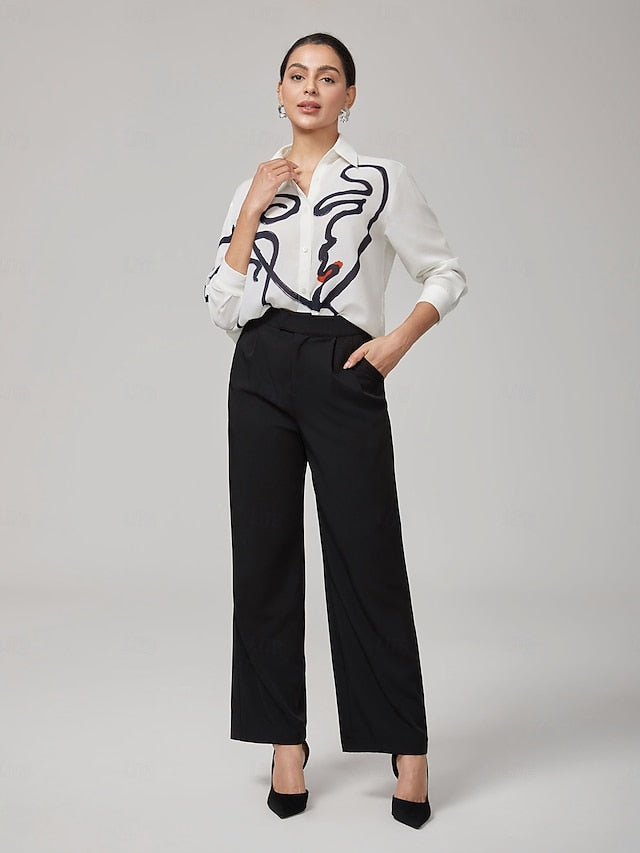 White Artistic Print Long-Sleeve Shirt
