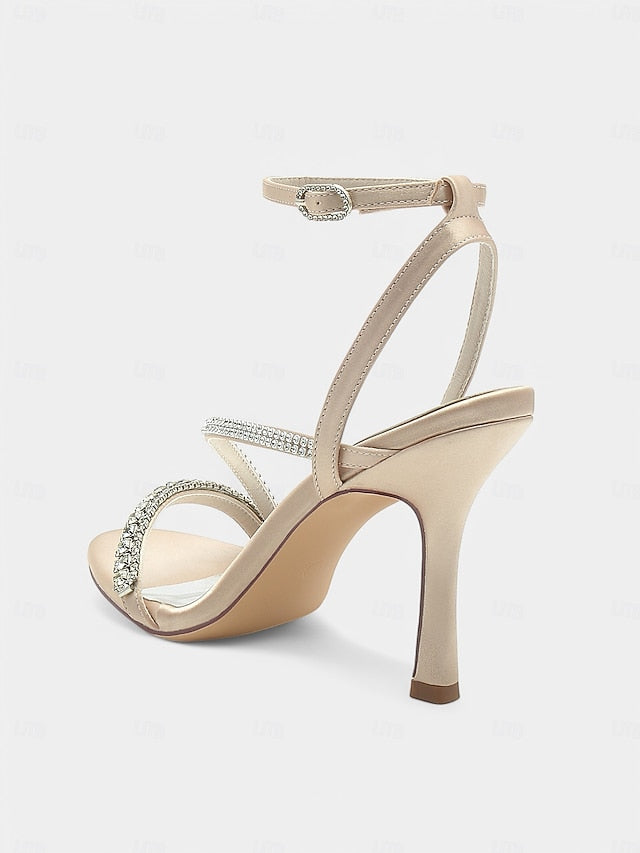 Champagne Sophisticated Strappy Heels Rhinestone Satin –
