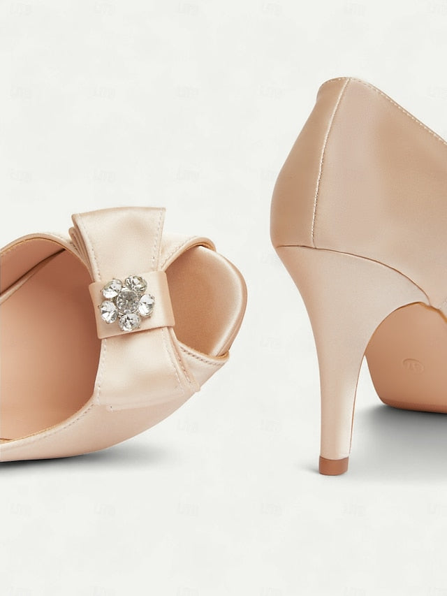 Satin Peep Toe with Heels Women's and Champagne Bow