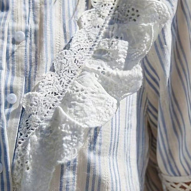 Women's Summer Shirt Button Up Shirt Blouse Lace Ruffle
