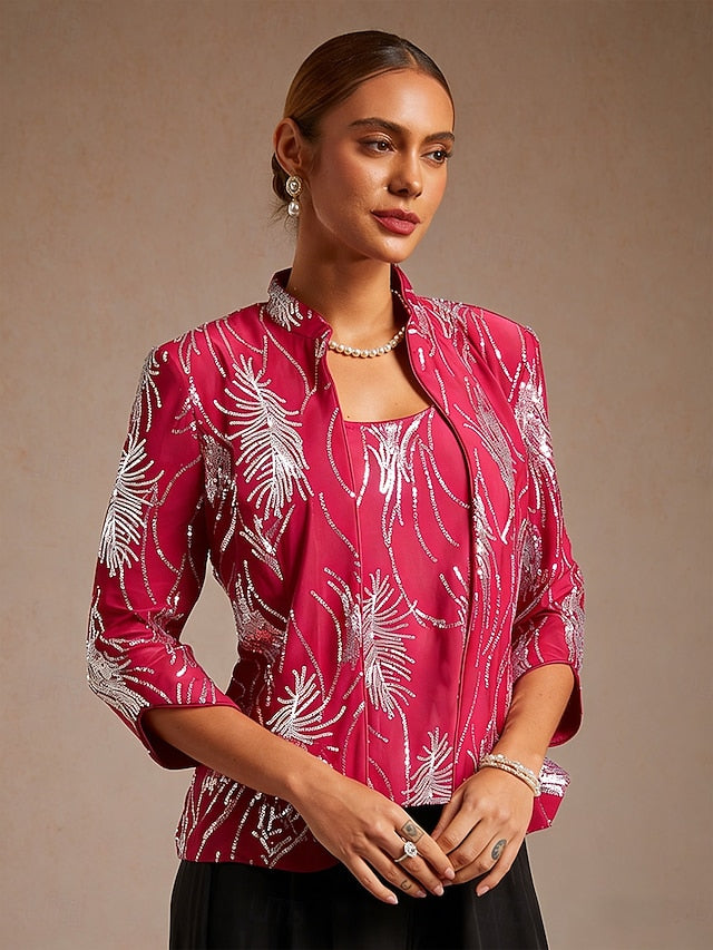 Women's Twinset Blouse Dressy Tops Jacket Sequins Feather