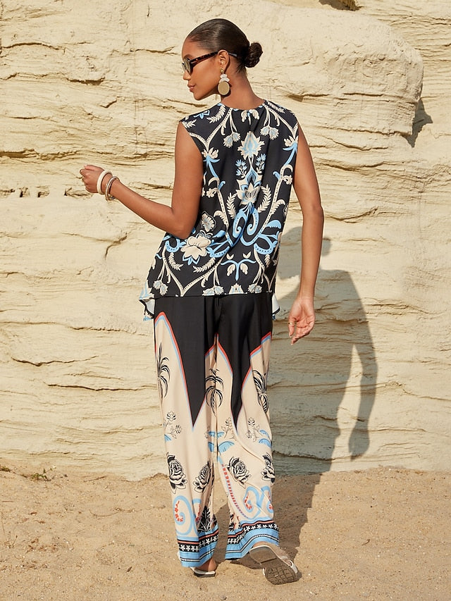 Summer Night Palm Silky Satin Vacation Top