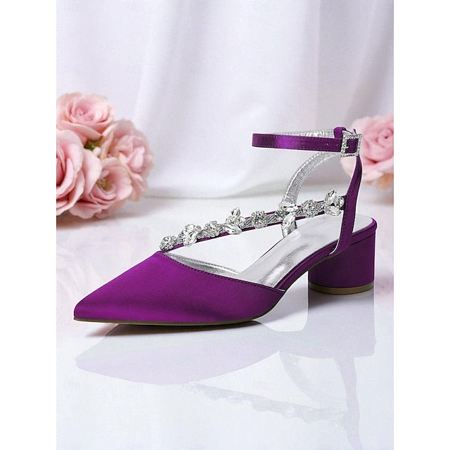 Heel Women's Purple Pumps Satin with Block Rhinestone