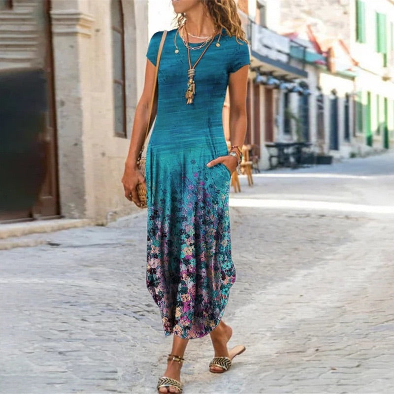 Round Neck Paisley Ombre Vacation Maxi Dress WO92