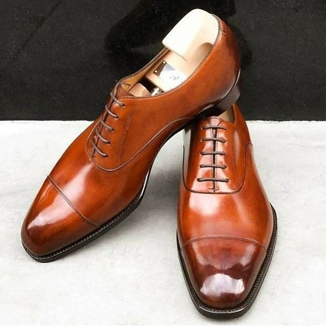 Faux Classic Shoes – Men's Brown Leather Cap Oxford