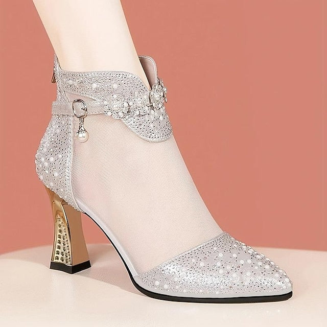 Ankle Golden with Heels Women's Rhinestone Mesh – Boots