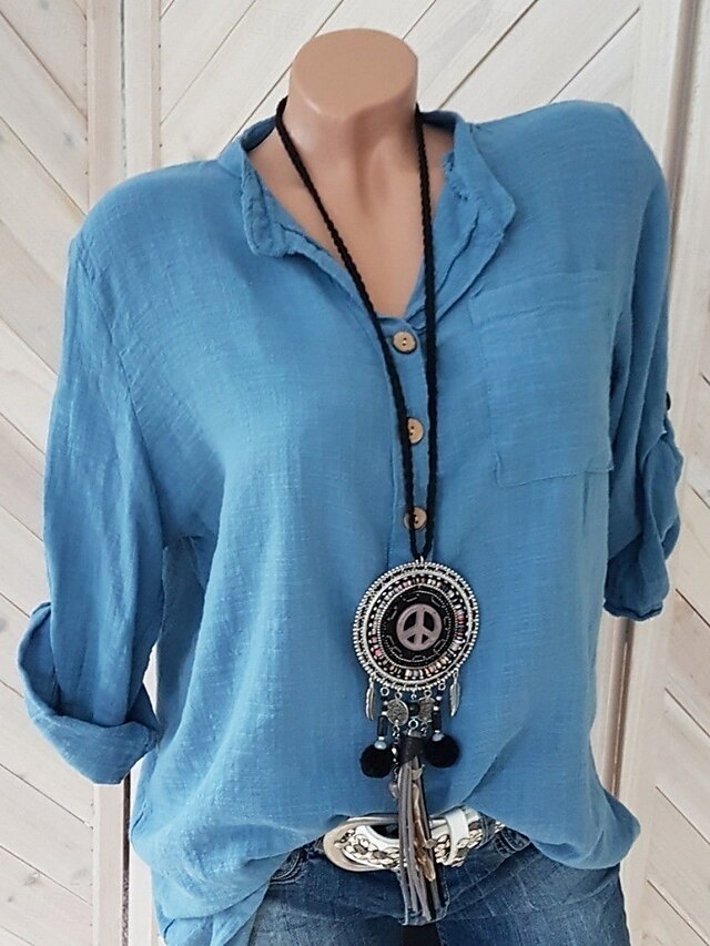 Women's Shirt Cotton Linen Shirts Blouse Buttons Solid