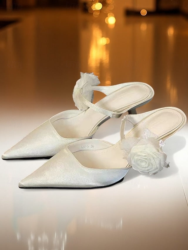 Green Pointed Ankle Satin Toe Women's Heels Floral with