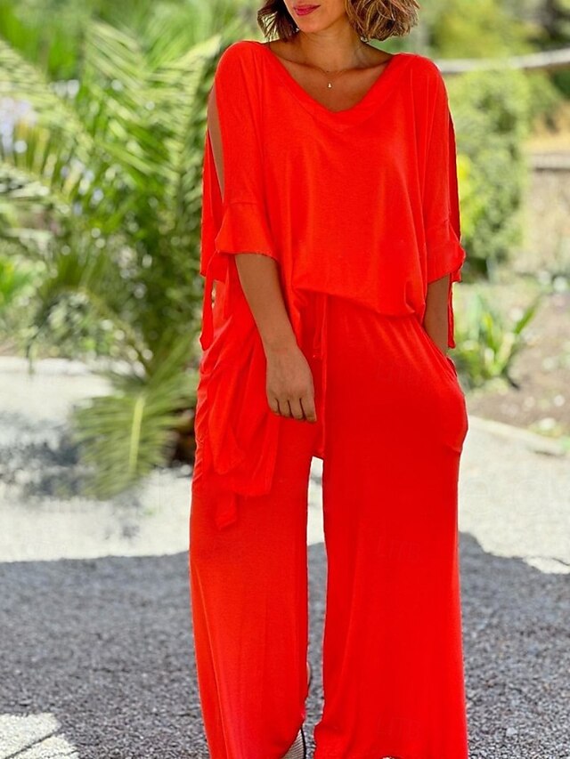 Women's Pants Sets 3/4 Length Sleeve V Neck Solid Color