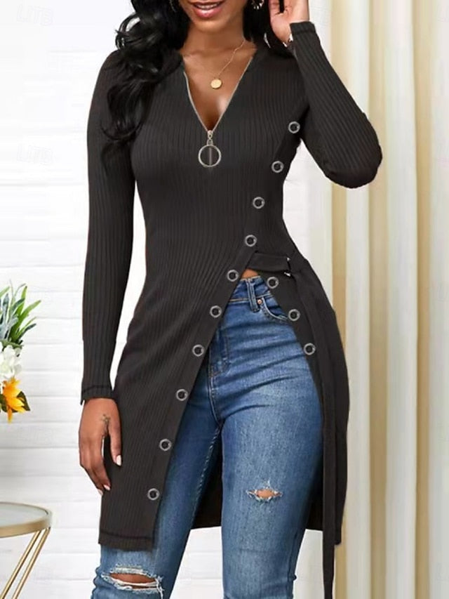 Women's Blouse Zipper Buttons Solid Color Stylish Casual