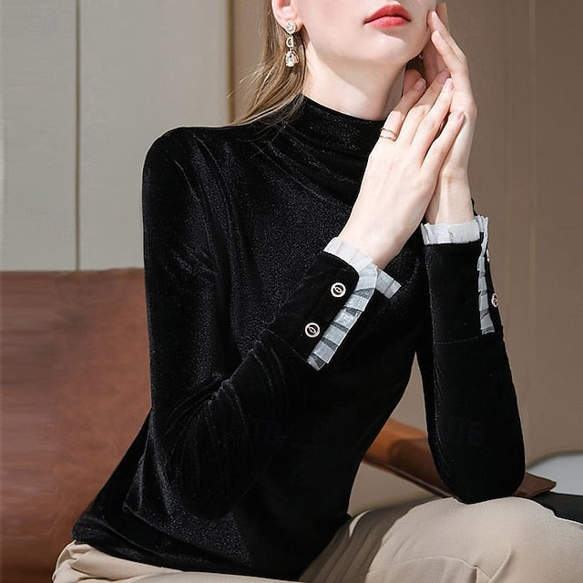 Women's Velvet Elegant Dressy Blouse Buttons Plain Elegant