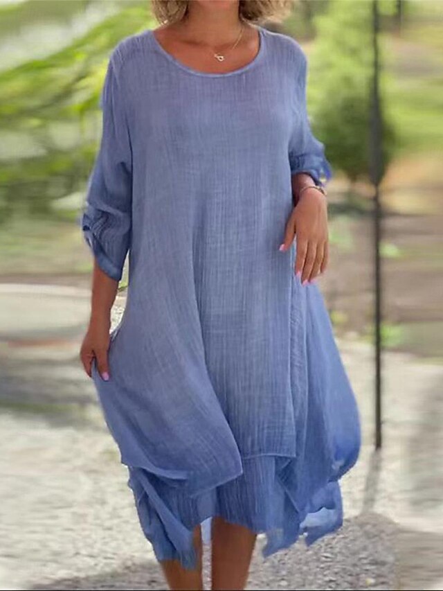 Women's Blue Rose Red Summer Spring Midi Dress Cotton Linen