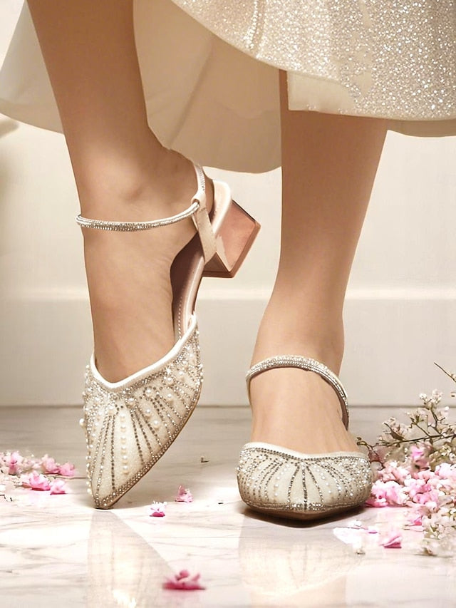 Block Toe Women's with and Heels Pearl Pointed Ivory