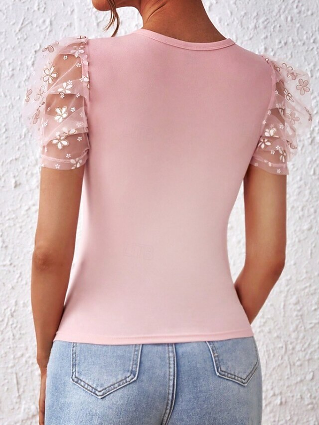 Women's T Shirt Tee Top Patchwork Mesh Plain Vintage