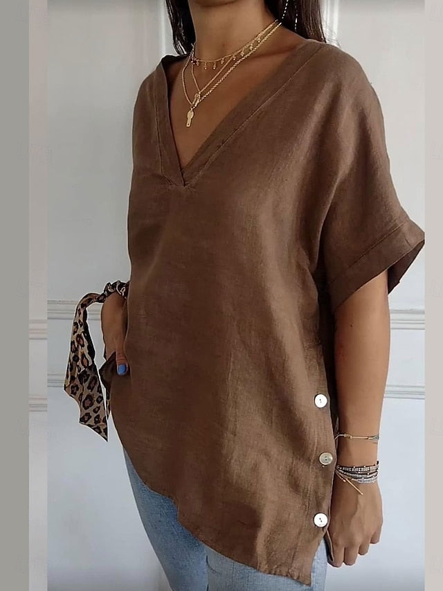 Women's Cotton Linen Blouse Solid Color Elegant Casual
