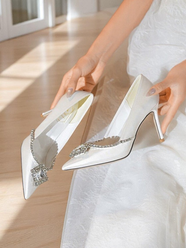 Toe White Crystal Wedding Heels Women's Satin Pointed with