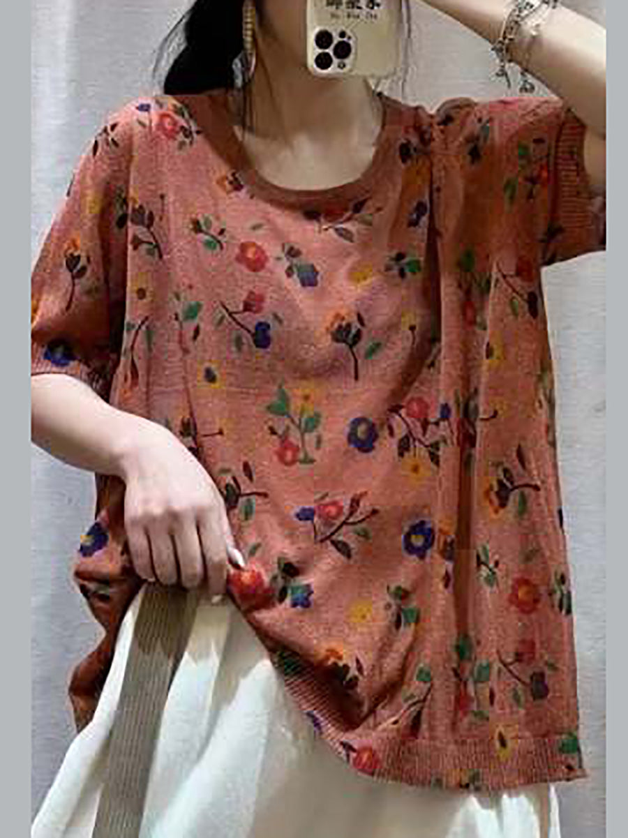 Frauen Casual Blume Sommer Lose Pullover Shirt QW1027