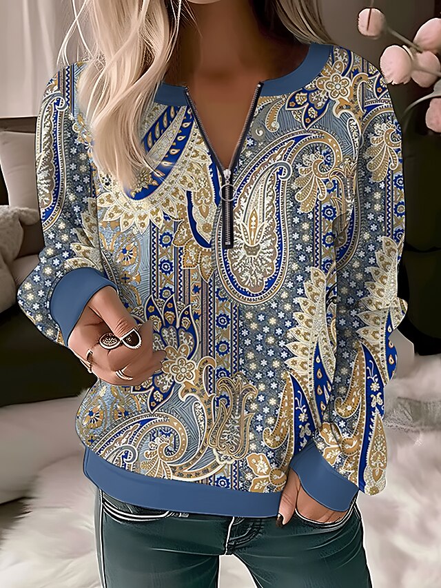 Women's Quarter Zipper Sweater Pullover Floral Butterfly