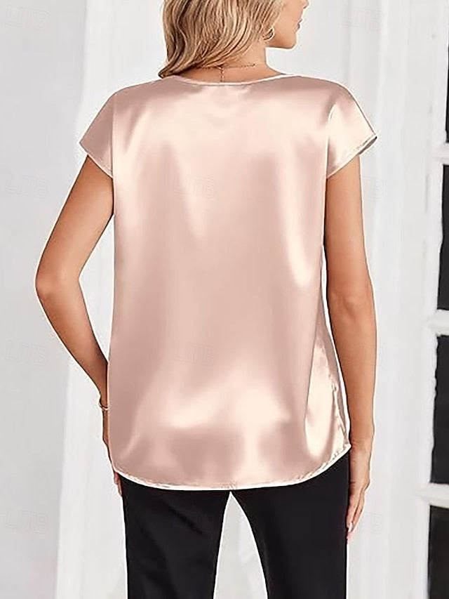 Women's Satin Shirt Blouse Patchwork Plain Elegant Vintage