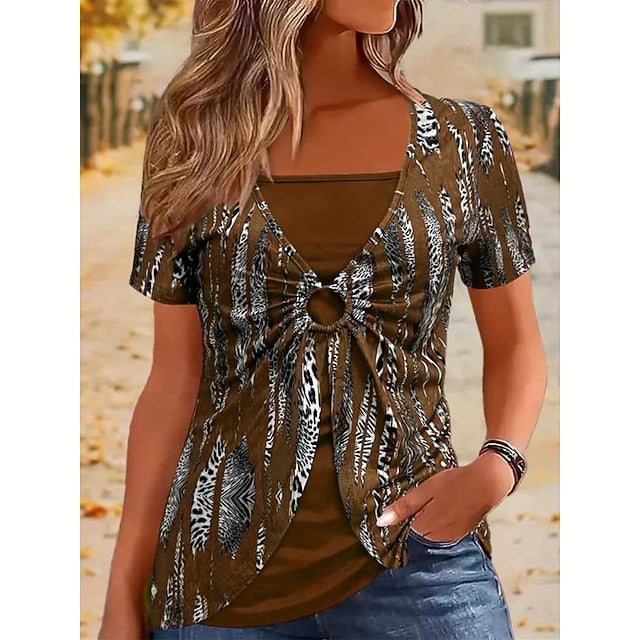 Women's T Shirt Tee Top Patchwork Print Color Block Fashion
