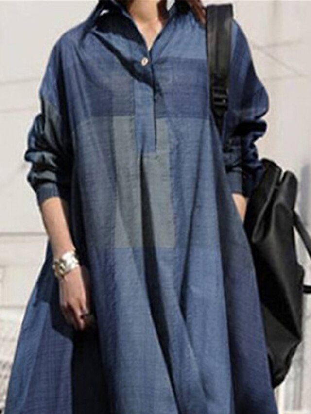 Women's Blue Spring Fall Winter Maxi Dress Cotton Blend