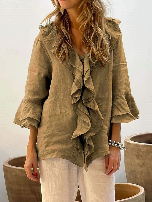 Women's Summer Shirt Casual Shirt Blouse Ruffle Solid Color