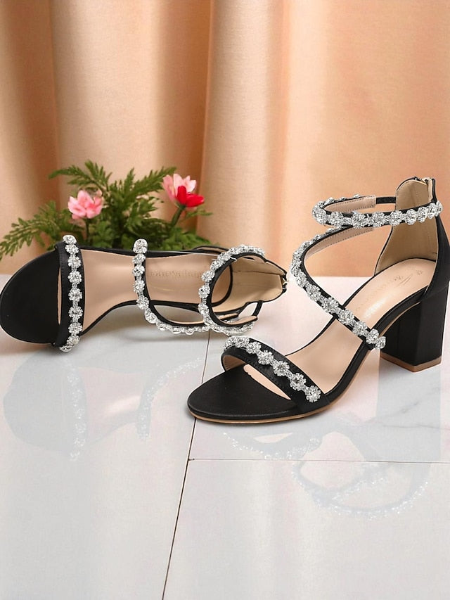 Rhinestone Open Sandals Heel White Elegant Block Women's -
