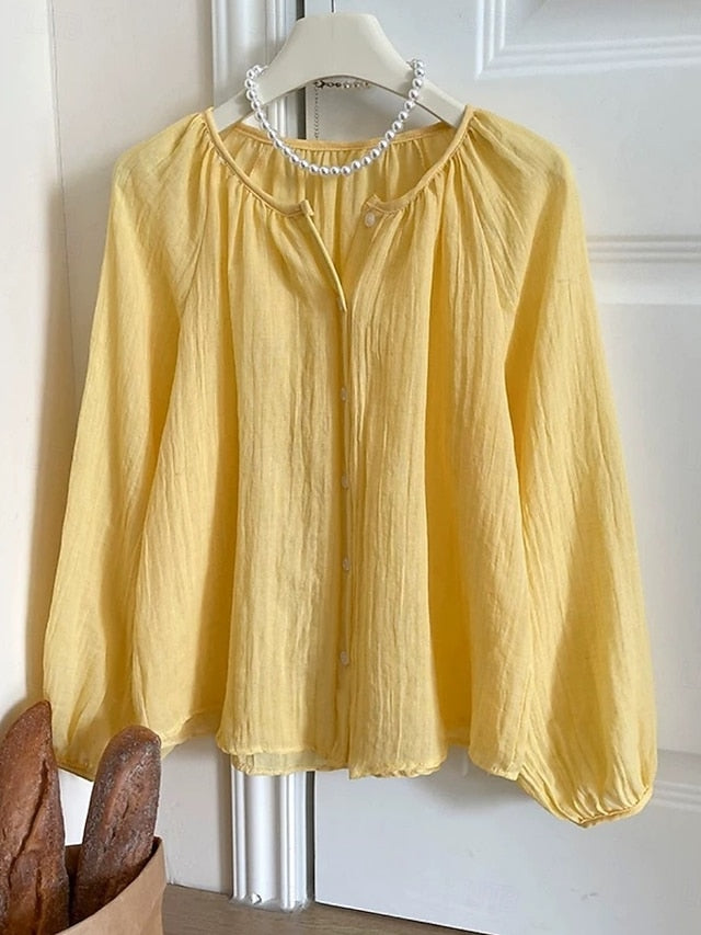 Women's Linen Like Faux Cotton Linen Blouse Ruched Solid