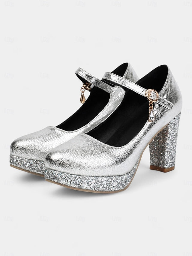Heel Gold Pumps Sparkly Women's Jane Glitter Block Mary –