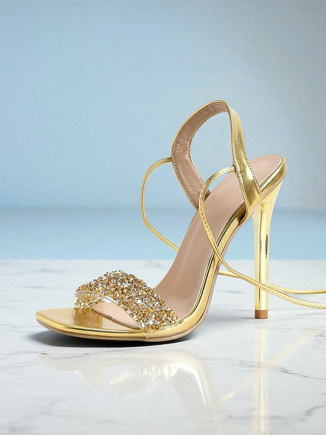 Women's Gold Heels Lace-Up Rhinestone with Stiletto Straps