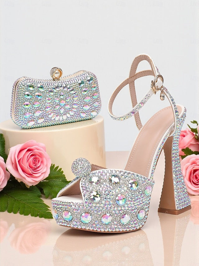 High with Heel Matching Women's Platform Sandals Rhinestone