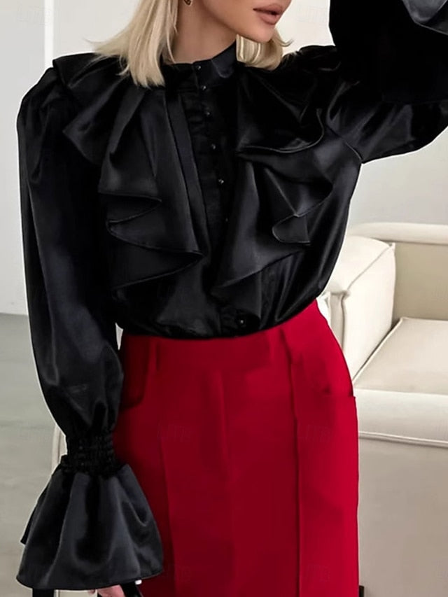 Women's Shirt Elegant Dressy Satin Top Ruffle Solid Color