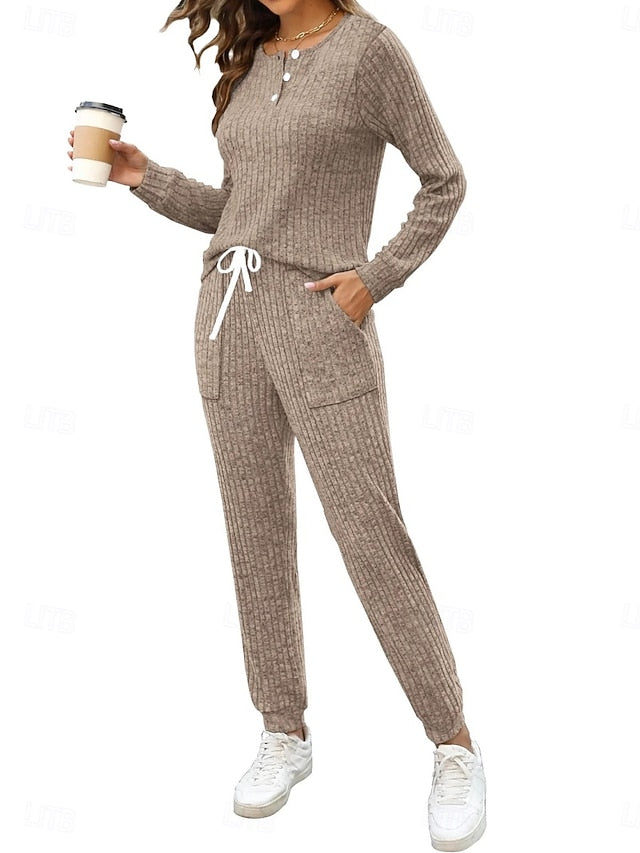 Women's Pants Sets Long Sleeve Crew Neck Solid Color
