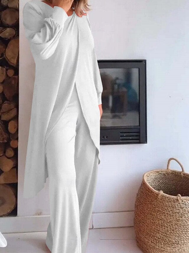Women's Pants Sets Long Sleeve Crew Neck Solid Color Ruched