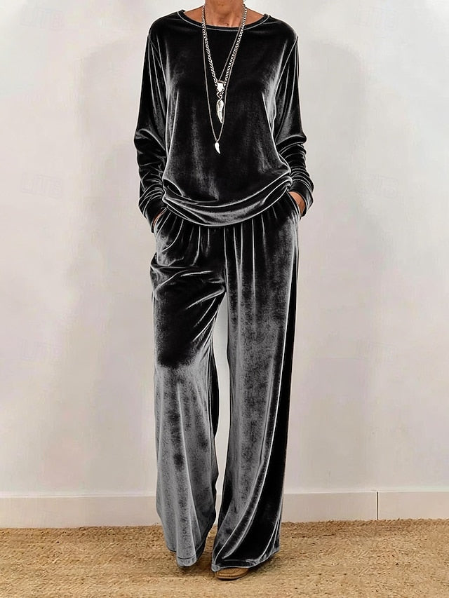 Women's Pants Sets Long Sleeve Round Neck Solid Color
