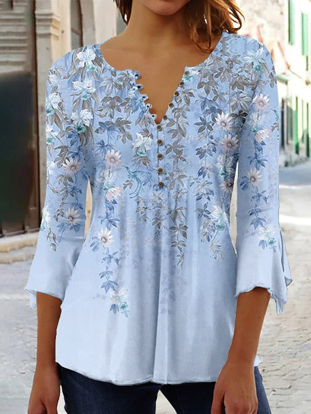 Women's T Shirt Basic Floral Buttons Print 3/4 Length
