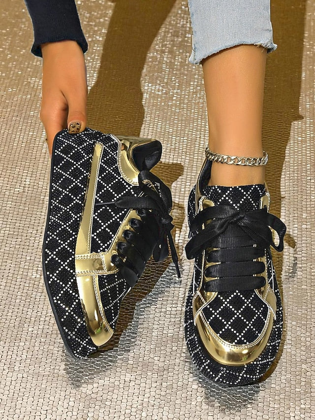 Sneakers - Quilted Black and Women's Silver Rhinestone
